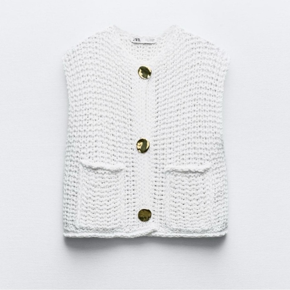 Zara White Chunky Knit Vest with Gold Buttons